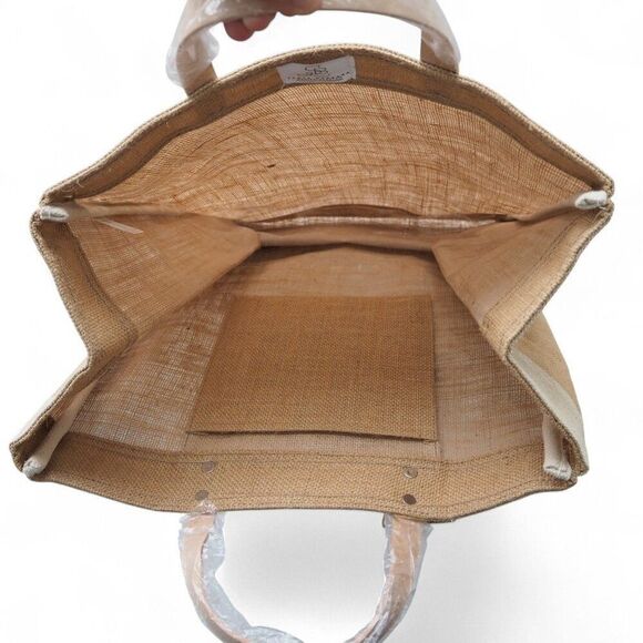 Santa Barbara Design Essentials: Wine Carbs Chocolate Burlap Market Tote Bag - Picture 6 of 6